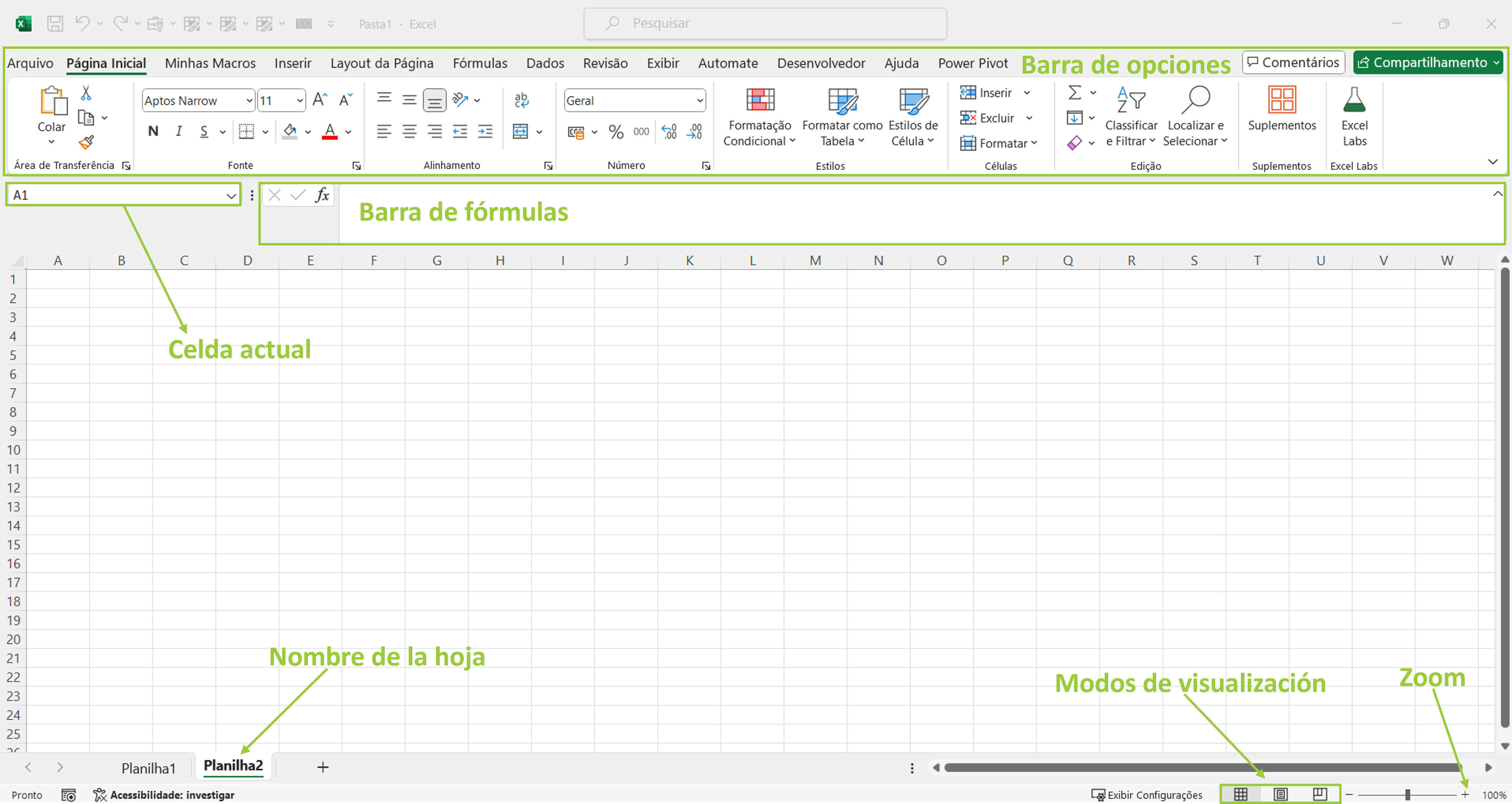 Captura de pantalla de la página de inicio de Excel, con los aspectos más destacados de las características de la herramienta. En la parte superior, tenemos 3 rectángulos verdes sin relleno, resaltando la barra de opciones, la barra de fórmulas y la celda actual, respectivamente. En la parte inferior de la página, tenemos 3 flechas verdes, resaltando de izquierda a derecha el nombre de la hoja de trabajo, los modos de visualización y el zoom.