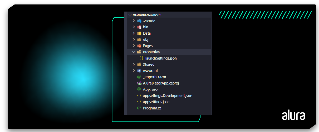 Img-02 - El administrador de carpetas del proyecto "AluraBlazorApp" en el Visual Studio Code. Posee las carpetas: bin, Data, obj, Pages, Properties, Shared y wwwroot. También posee archivos referentes a la configuración del proyecto, fuera de las carpetas.