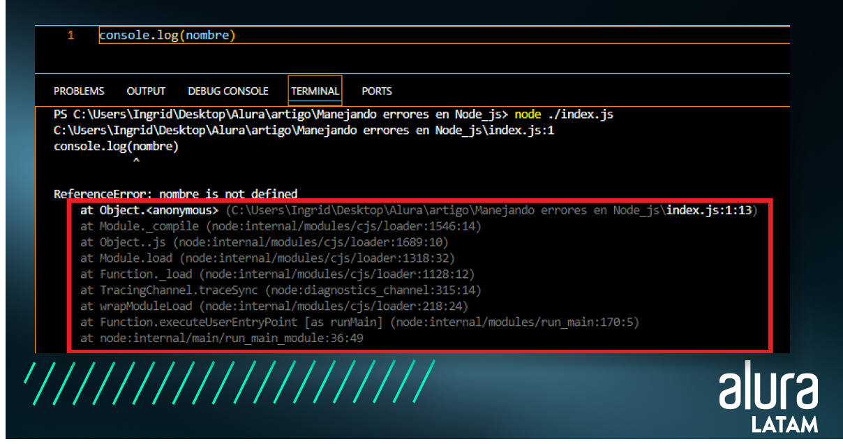 imagen con destaque en los stacktrace del error