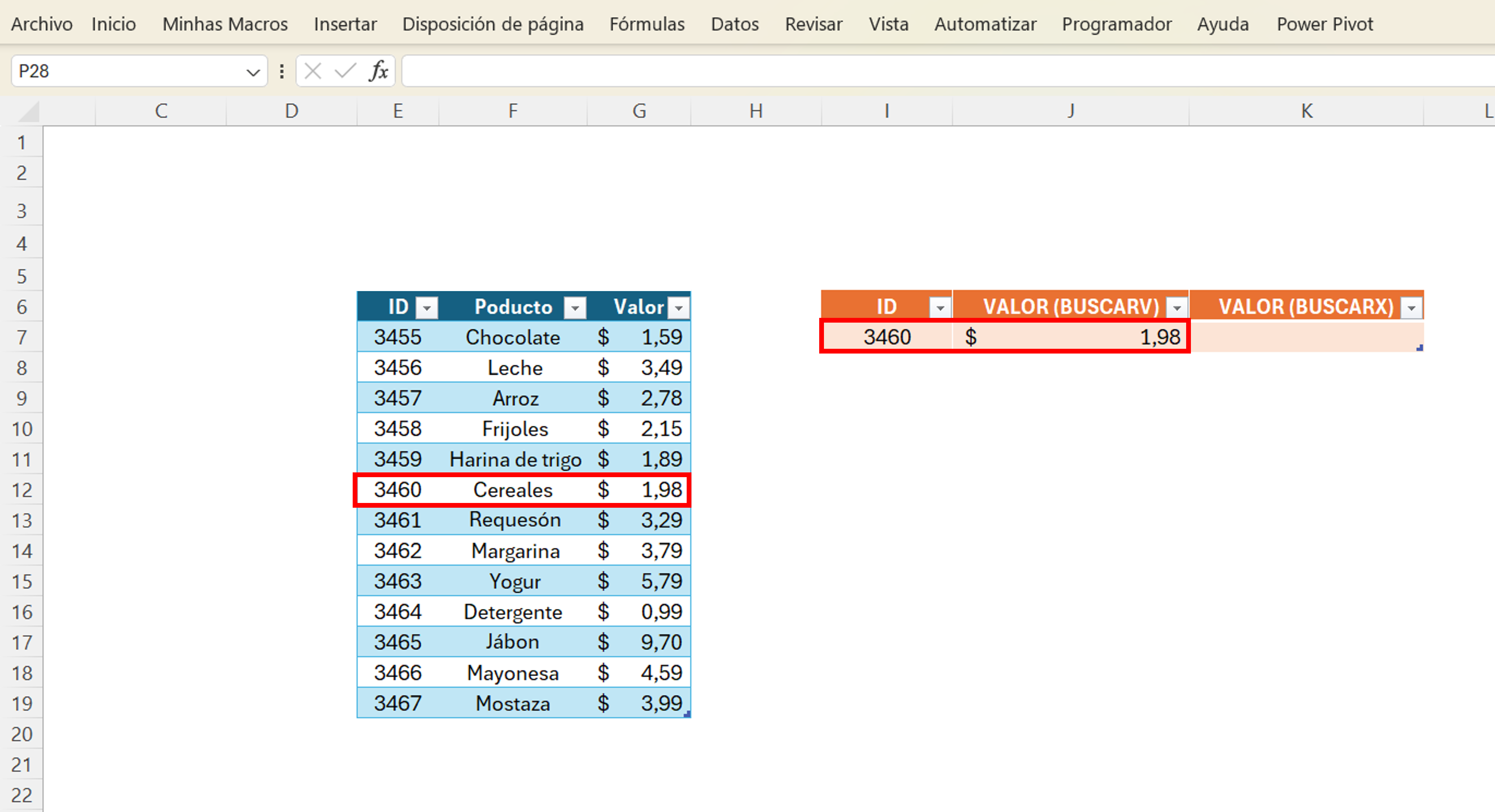 Hoja de cálculo de Excel, que contiene 2 tablas. La primera tabla, a la izquierda, contiene los títulos ID, Producto y Valor. La segunda, está al lado derecho, y contiene los títulos ID, Valor (BUSCARV) y Valor (BUSCARX). Se resalta en un retángulo rojo la fila 6 de la primera tabla, y las dos primeras columnas de la única fila de la tabla 2