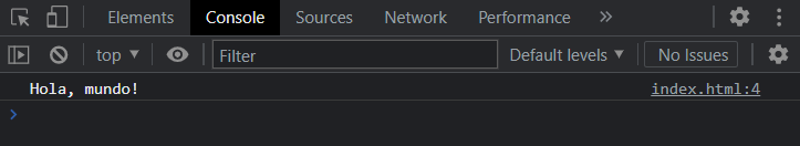 Consola del navegador donde se puede leer el mensaje "Hola, mundo"