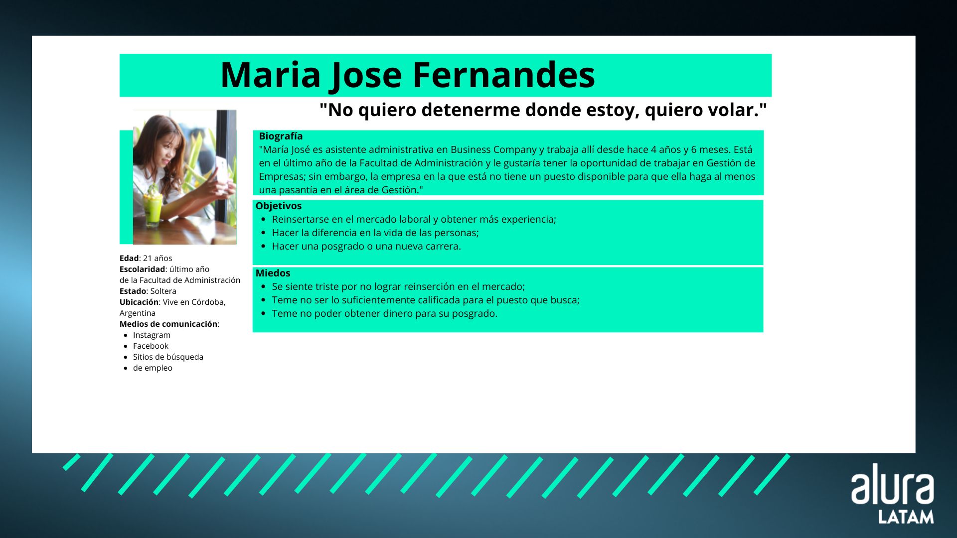 Imagen de una persona como un todo, persona: Maria Jose Fernandes, tiene 21 años. Esta en el último año de la Facultad de Administración y vive en Cordoba. Le gustaría tener la oportunidad de trabajar en su área.