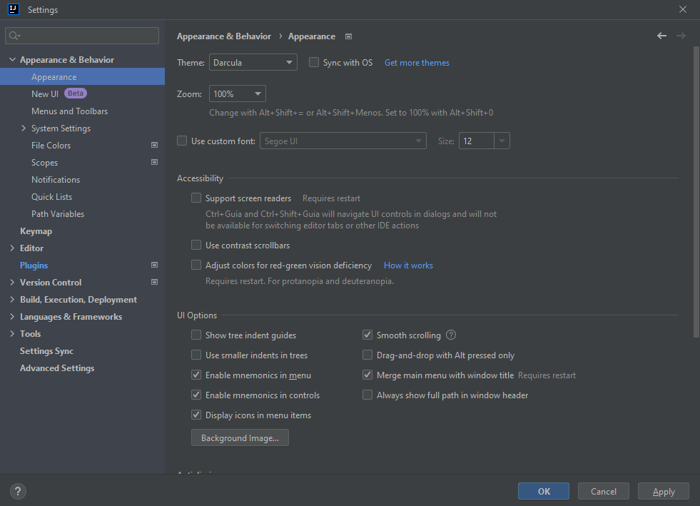 Pestaña de apariencia en la sección de configuración de Intellij. La pantalla muestra opciones para configurar el tema, accesibilidad y funcionalidad de la interfaz de usuario