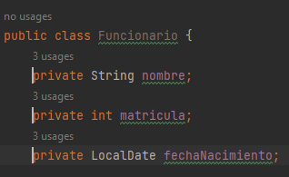 Pantalla de la clase "Funcionario". Muestra tres atributos: nombre (String), matrícula (int) y fecha de nacimiento (LocalDate). El cursor está activado en la línea de cada atributo, ya que se ha habilitado el acceso por columnas.