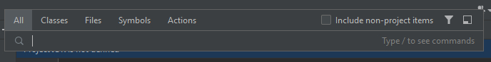 Pantalla de búsqueda en el proyecto. Muestra la sección "All" seleccionada entre las opciones: All, Classes, Files, Symbols y Actions para buscar dentro del proyecto.