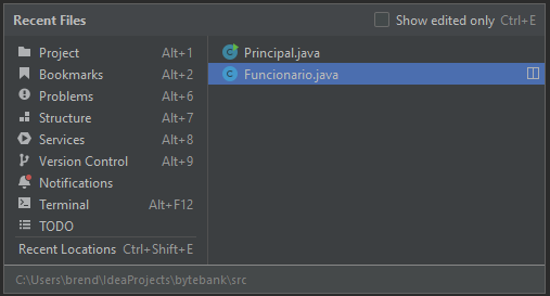 Pantalla de archivos recientes. Muestra las dos clases creadas, "Funcionario" y "Principal", en el centro del proyecto.
