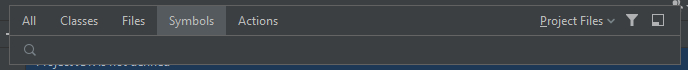 Pantalla de búsqueda en el proyecto. Muestra la sección "Symbols" seleccionada entre las opciones: All, Classes, Files, Symbols y Actions para buscar dentro del proyecto.