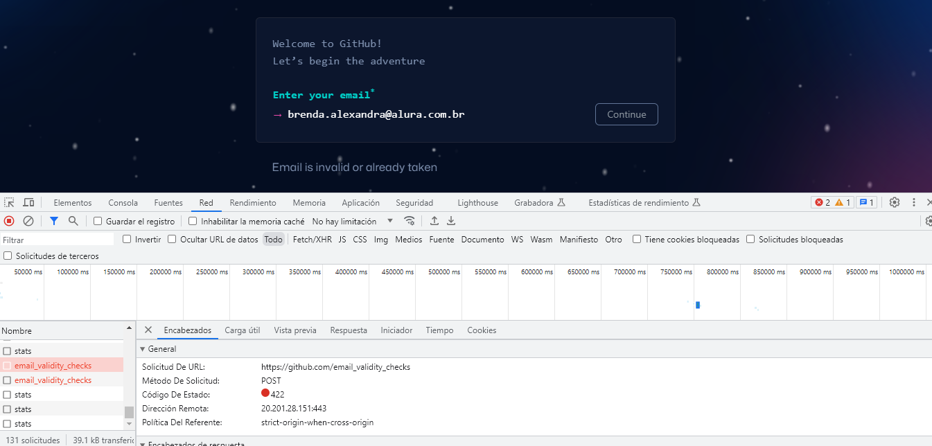 img-07: Fragmento de la pantalla de Herramientas de Desarrollo que muestra la solicitud al cargar la pantalla de GitHub, donde es posible crear una cuenta, pero con la adición de que se ingresó un correo electrónico para el registro que ya tiene una cuenta asociada. La solicitud es de tipo POST y tiene estado 422.
