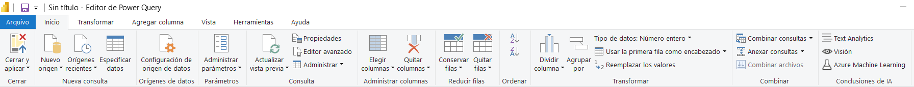 power BI - conociendo los lenguajes M y DAX-img01 - alt-text: Menú de la página de inicio de Power Query con las funciones de obtención de datos, administración de consultas y columnas, reducción de filas, ordenación, transformación y obtención de conclusiones de IA.