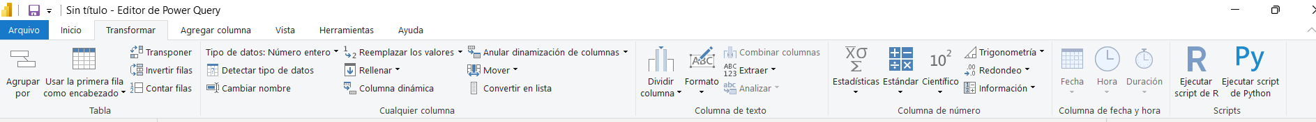 power BI - conociendo los lenguajes M y DAX-img02 - alt-text: Menú Transformar de Power Query con características de transformación de tablas, cambios en columnas de tipo texto, número, fecha y hora y general, y finalmente una sesión con la posibilidad de ejecutar scripts de R y Python.