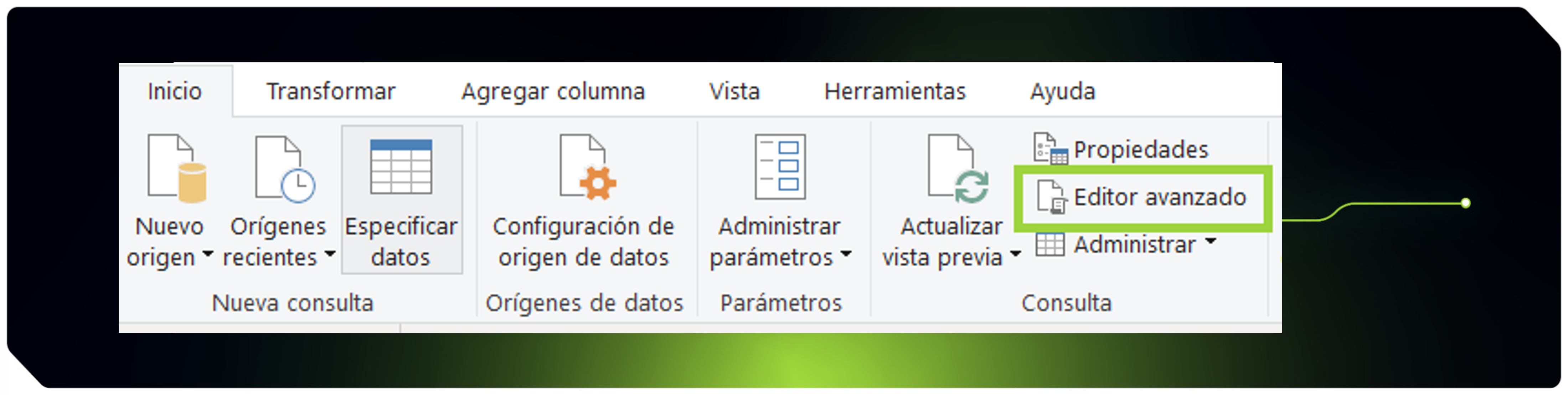 power BI - conociendo los lenguajes M y DAX-img04 - alt-text: Menú de inicio de Power Query en el que se resalta el botón "Editor avanzado" en la pestaña de consulta.