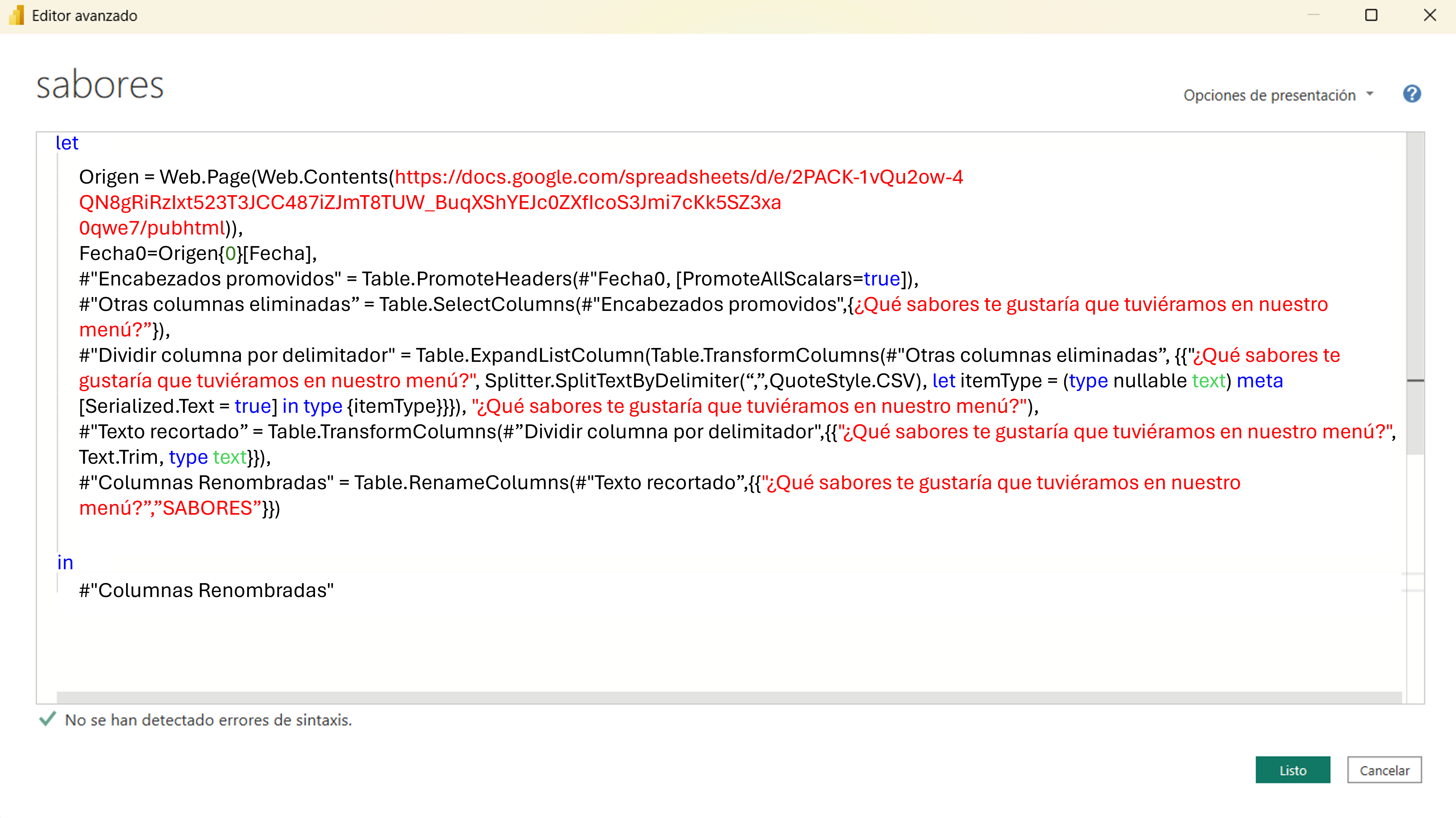 power BI - conociendo los lenguajes M y DAX-img05 - alt-text: Editor Avanzado de Power Query, donde se ve el código em M, y el botón Listo resaltado em verde