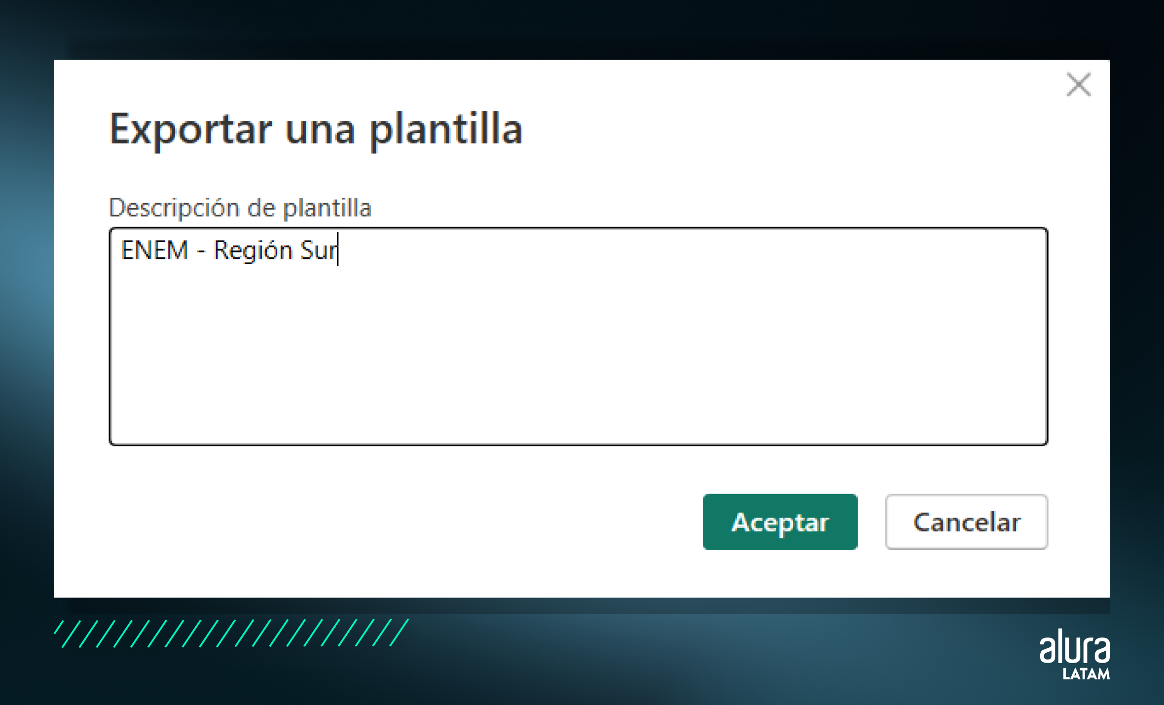 pbi-parámetros y exportación de plantillas-img12 - alt-text: Menú para exportar la plantilla en Power BI Desktop con la opción de Aceptar seleccionada