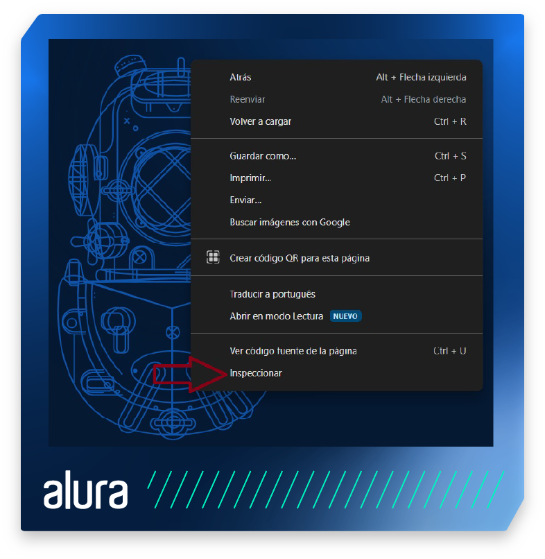 una captura de pantalla del menú contextual de un navegador, señalando la opción "Inspeccionar" que permite a los usuarios ver el código y otros elementos técnicos de una página web