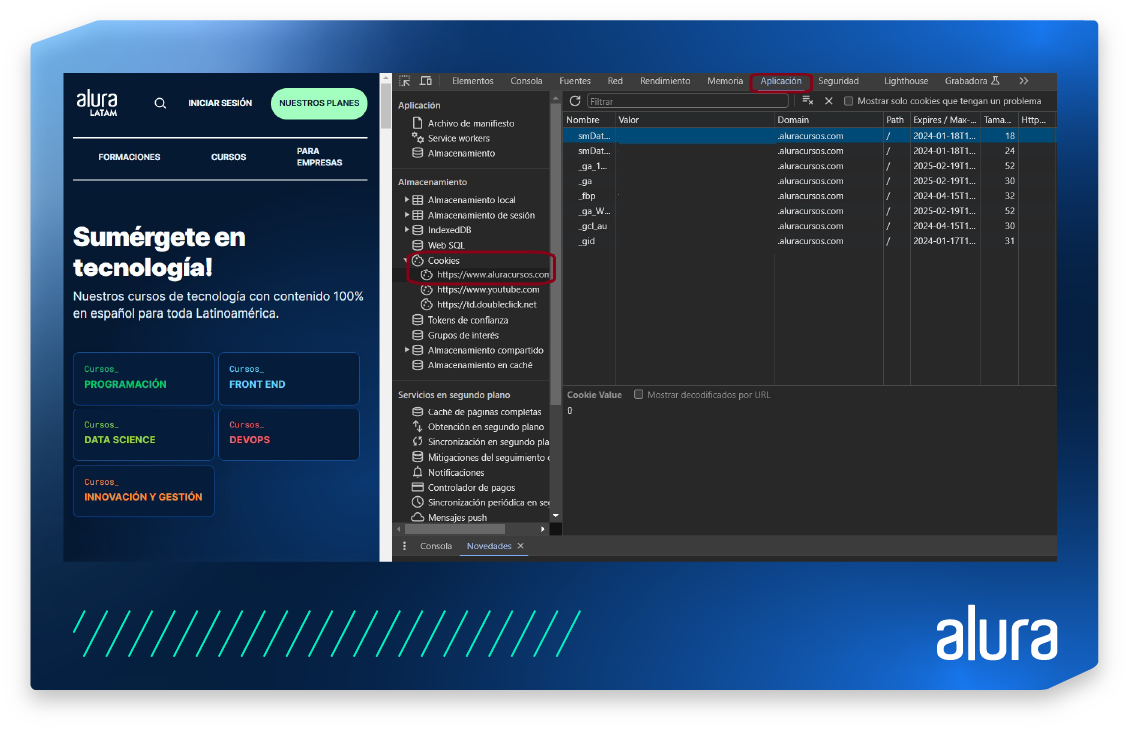 una captura de pantalla de la herramienta de inspección de un navegador web que muestra cookies específicas almacenadas por el sitio web de alura