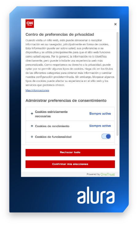 una captura de pantalla del centro de preferencias de privacidad de CNN Brasil, mostrando opciones para gestionar el consentimiento de cookies