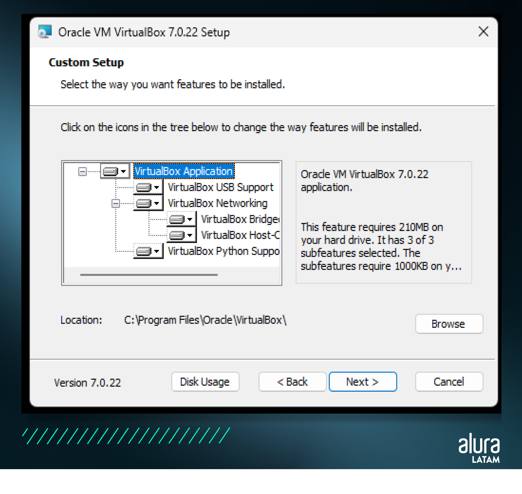 Paso 02 - descripción de imagen: Captura de pantalla muestra la sección Custom Setup del instalador de Oracle VM VirtualBox 7.0.22. En esta etapa, el usuario puede seleccionar las características específicas del software que desea instalar.  Detalles: Hay un árbol de opciones con componentes como: 1. VirtualBox USB Support 2. VirtualBox Networking 3. VirtualBox Python Support. A la derecha, hay una descripción que indica qué función está seleccionada, cuánto espacio ocupa en el disco duro (210 MB en este caso) y cuántos subcomponentes están seleccionados. En la parte inferior: 1. Un campo muestra la ubicación de instalación (por defecto: `C:\Program Files\Oracle\VirtualBox\`). 2. Botones: 2.1 Browse (para cambiar la ubicación de instalación) 2.2  Disk Usage (para ver el uso de disco)  2.3 Back, 2.4 Next > y 2.5 Cancel.