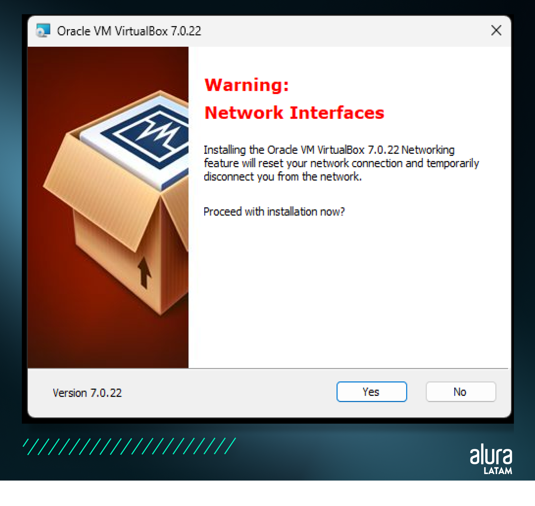 Paso 03 - descripción de imagen: Captura de pantalla corresponde a una advertencia en el instalador de **Oracle VM VirtualBox 7.0.22**. El mensaje alerta al usuario sobre posibles interrupciones en la red debido a la instalación de las interfaces de red necesarias para el funcionamiento del programa. Pregunta al usuario: "¿Desea proceder con la instalación ahora?" Botones: 1. Yes: para continuar con la instalación. 2. No: para detener el proceso. La interfaz mantiene el ícono clásico de VirtualBox con la caja abierta y el logotipo, junto con el número de versión (7.0.22) en la parte inferior izquierda.