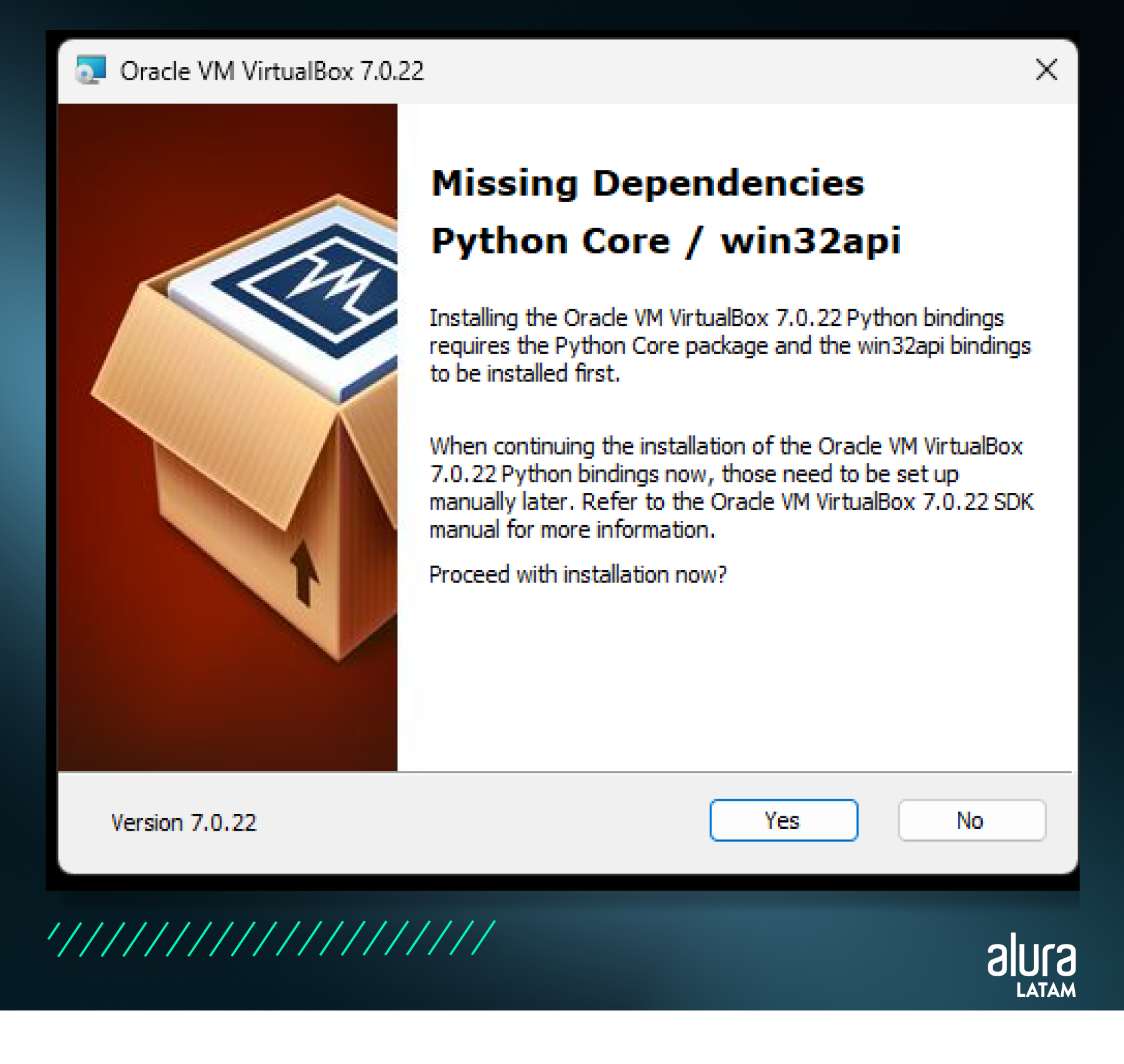 Paso 4 - descripción de imagen: Captura de pantalla muestra un mensaje de error que se está viendo al instalar Oracle VirtualBox VM 7.0.22 indica que el programa necesita dos dependencias adicionales para funcionar correctamente: Python Core y win32api. Estas dependencias son paquetes de software que proporcionan características específicas que VirtualBox utiliza. Hay dos opciones en la pantalla de botones: 1. Sí, para continuar con la instalación de las dependencias que faltan 2. No, no instala las dependencias que faltan y interrumpe la instalación de VirtualBox.